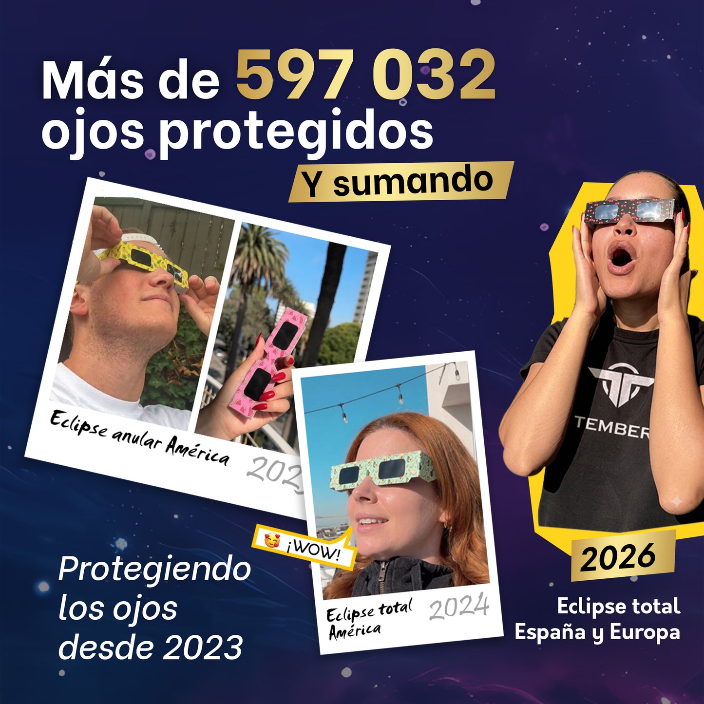 Spanish-language Tember solar eclipse glasses information panel 2 of 6