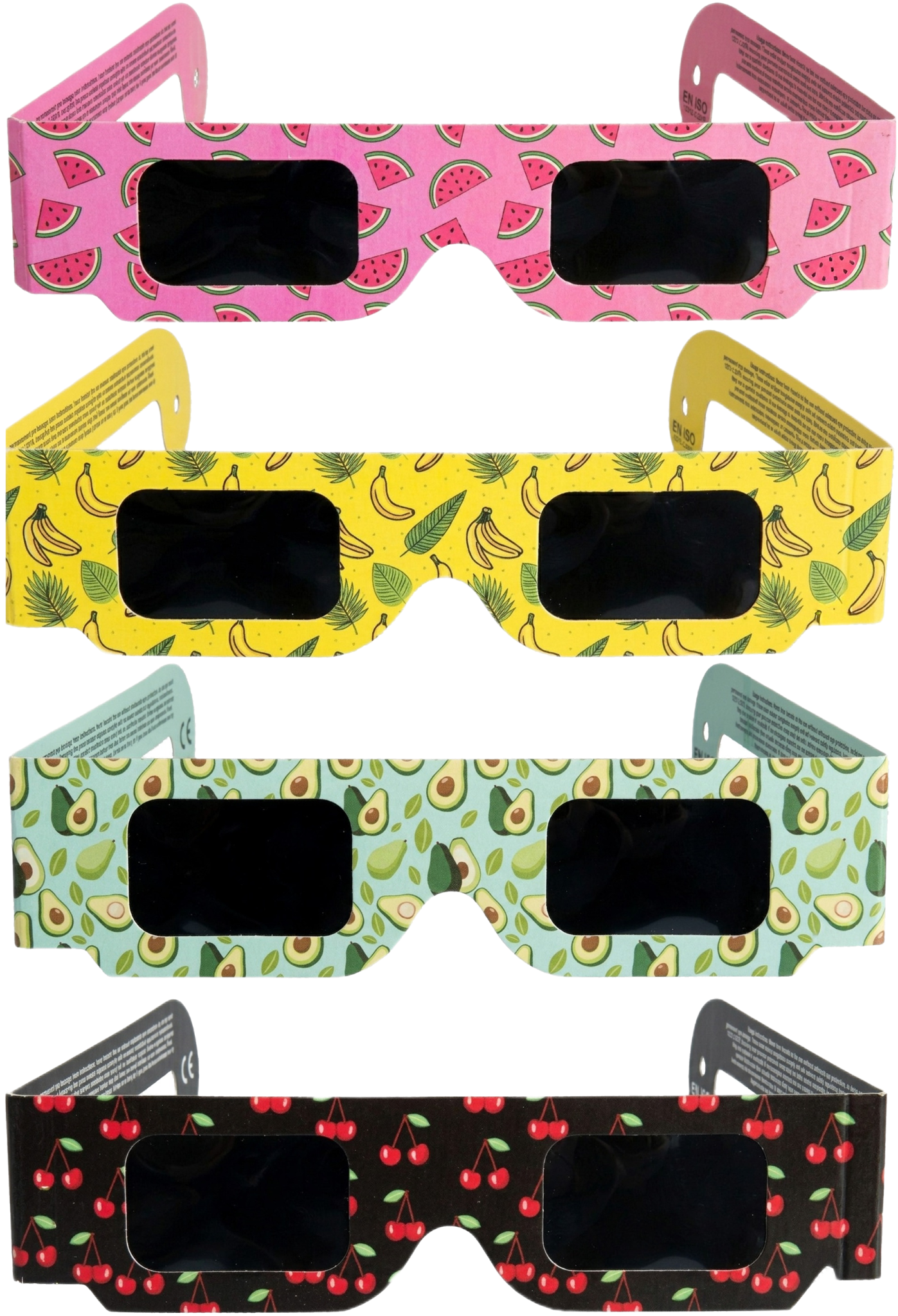 Four Tember colour and fruit-design solar eclipse glasses on a transparent background