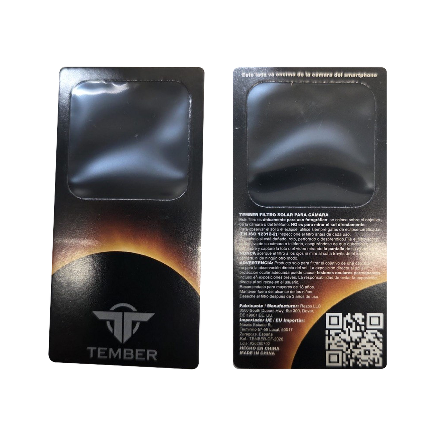 Front and back of the Tember phone solar filter on a transparent background